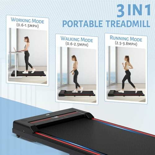 3-in-1 portable treadmill showing working, walking, and running modes.