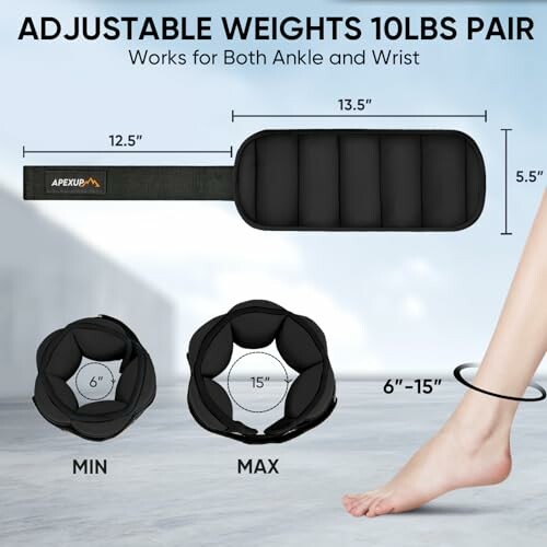 Adjustable weights for ankle and wrist, 10lbs pair with dimensions and usage.