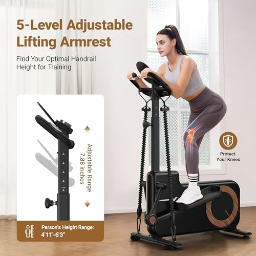 Woman exercising on a machine with 5-level adjustable lifting armrest.