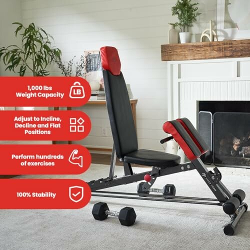 Adjustable weight bench with features listed.