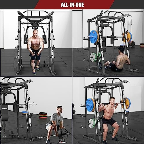 Men using an all-in-one home gym machine for various exercises.