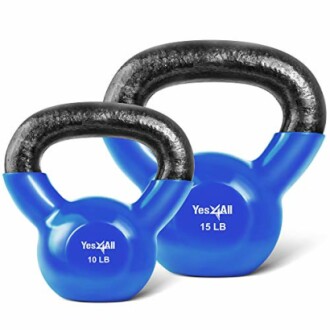 Two blue kettlebells with weights 10 LB and 15 LB.