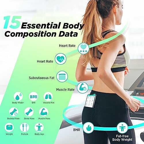 Woman on treadmill with infographic showing 15 essential body composition metrics.