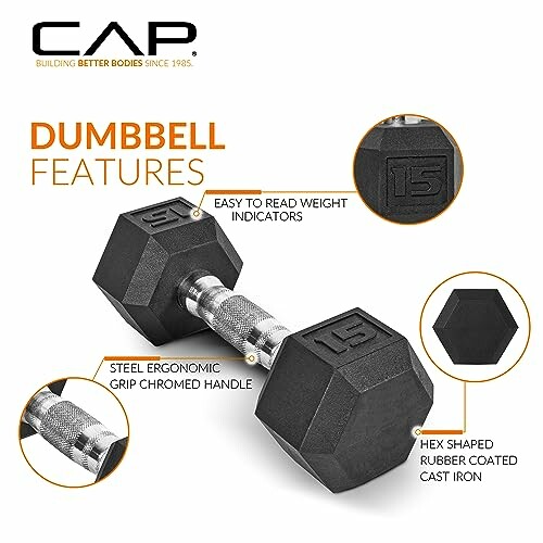 CAP dumbbell with hex shape and features highlighted.