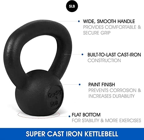 5lb cast iron kettlebell with features labeled.