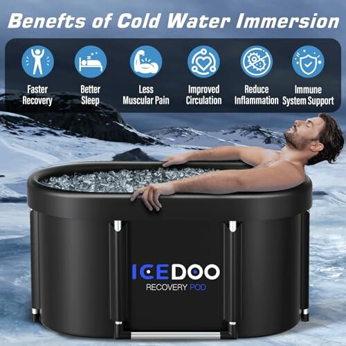 Person in ice bath promoting benefits of cold water immersion.