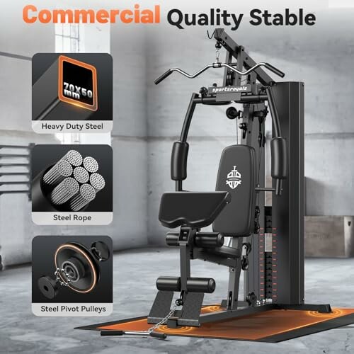 Commercial gym equipment with heavy-duty steel frame, steel rope, and steel pivot pulleys.