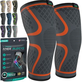 Compression knee sleeves with packaging, various colors shown.