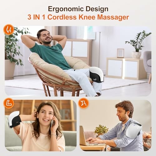 People using a 3 in 1 cordless knee massager in various settings.