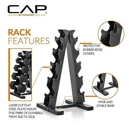 Black dumbbell rack with protective rubber edges and stable base.