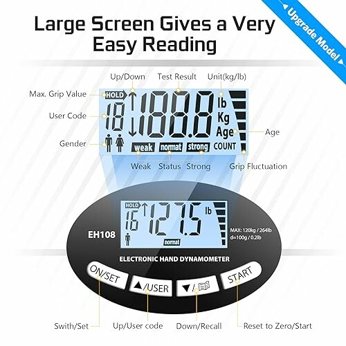 Electronic hand dynamometer display showing grip strength and settings.