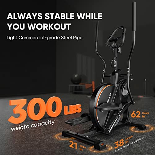 Exercise bike with 300 lbs weight capacity and dimensions.