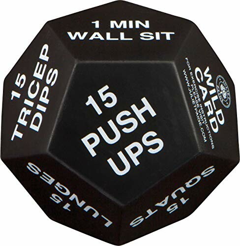 Black exercise dice with workout instructions like push-ups and wall sit.