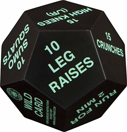 Exercise dice with various workout instructions like leg raises and crunches.