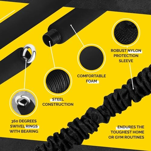 Close-up details of exercise equipment with features like robust nylon protection sleeve, steel construction, comfortable foam, and 360 degrees swivel rings.