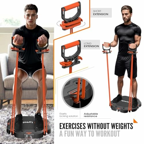 Men using resistance bands with adjustable extensions for home workout.