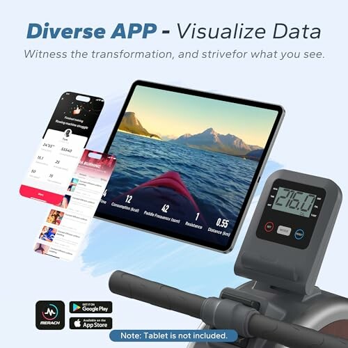 Fitness app promotion with rowing machine and tablet display.