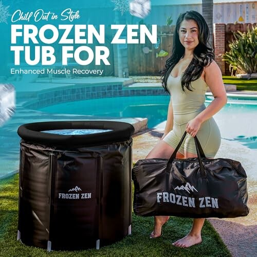 Woman with bag next to Frozen Zen tub by a pool