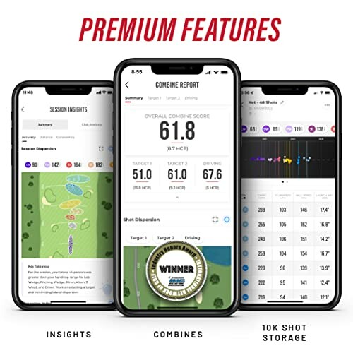 Mobile app displaying golf session insights, combine report, and shot storage.