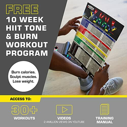 Free 10 week HIIT workout program advertisement with access to 30+ workouts, videos, and training manual.