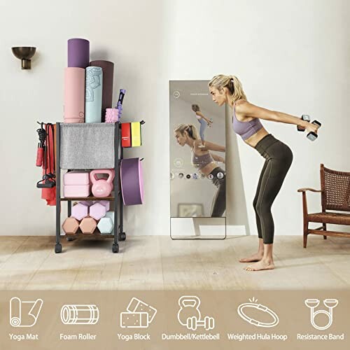 Woman exercising with fitness equipment at home