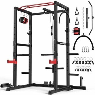 Home gym power rack with various attachments and accessories.