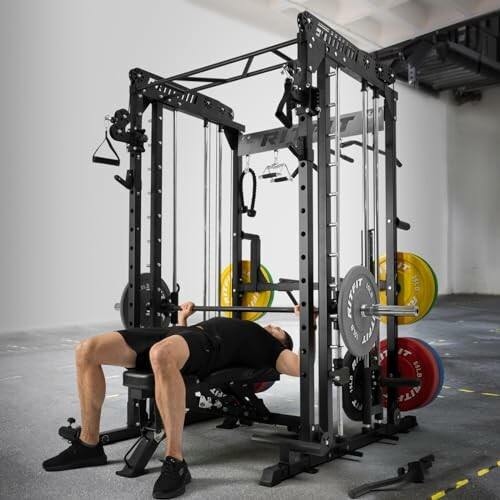 Person using a Smith machine in a gym setting