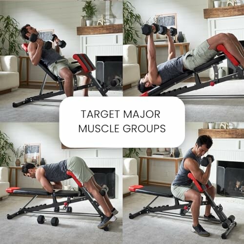 Man demonstrating exercises on a workout bench including dumbbell press and curls.