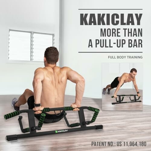 Man exercising with Kakiclay pull-up bar for full body training.