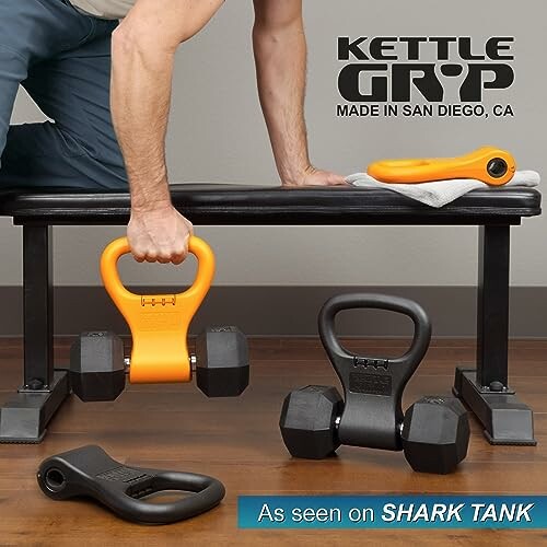 Person using Kettle Gryp with dumbbells on a bench