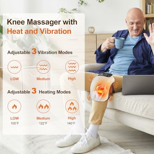 Man using knee massager with heat and vibration settings