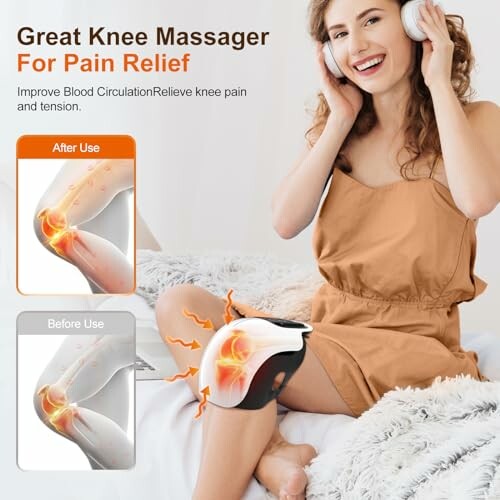 Woman using knee massager for pain relief