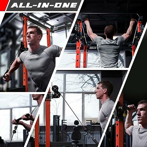 Man using an all-in-one gym machine for various exercises.