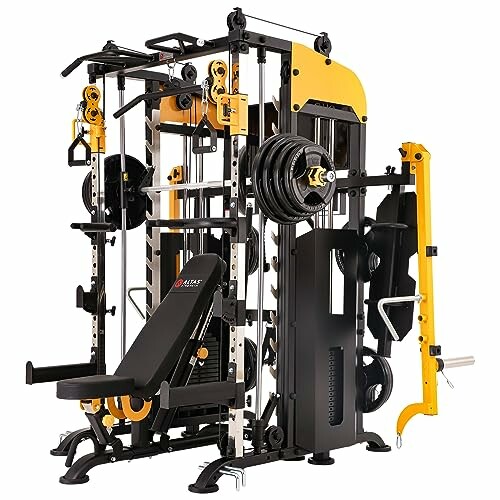 Multi-functional gym machine with weights and bench