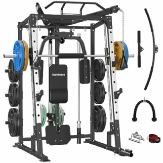 Multi-functional home gym equipment with weights and accessories.