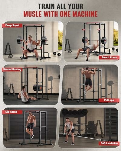 Multi-exercise gym equipment with various workout stations including squat, bench press, rowing, pull-ups, dip stand, and landmine.