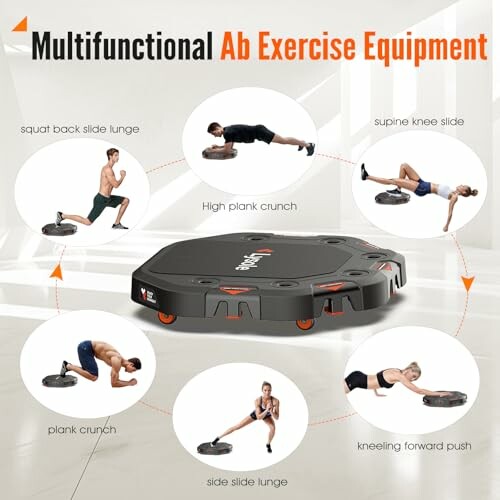 Various exercises using multifunctional ab exercise equipment, including lunges, crunches, and slides.