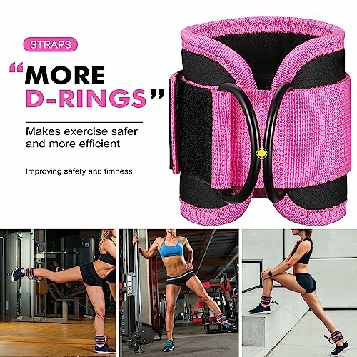 Pink exercise straps with D-rings and fitness usage examples.