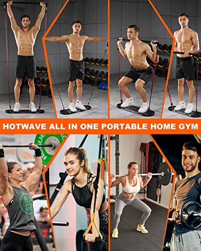 People demonstrating exercises with a portable home gym