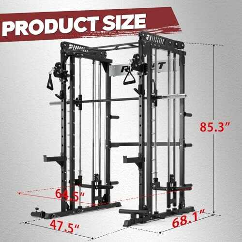 Dimensions of a power rack with measurements.