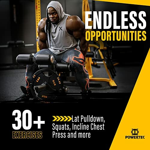 Fitness equipment ad featuring a man in a gym with text promoting 30+ exercises including lat pulldown and squats.