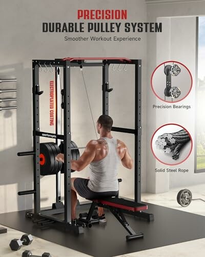 Man using a precision durable pulley system with weights in a gym setting.