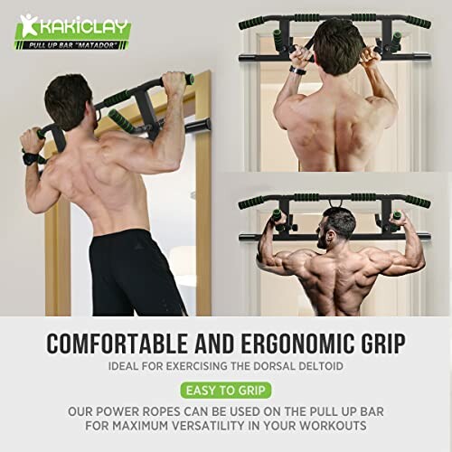 Man using pull-up bar with ergonomic grip for dorsal deltoid exercise.