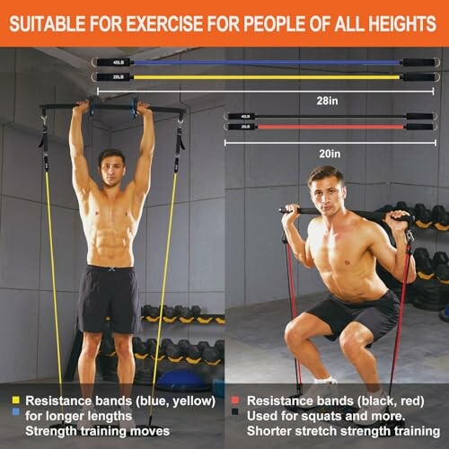 Two men demonstrating exercises with resistance bands for different heights and strengths.