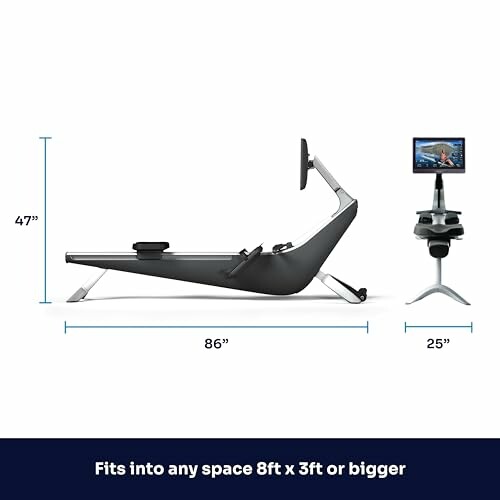 Rowing machine dimensions with monitor, 86 inches long, 25 inches wide, 47 inches high.