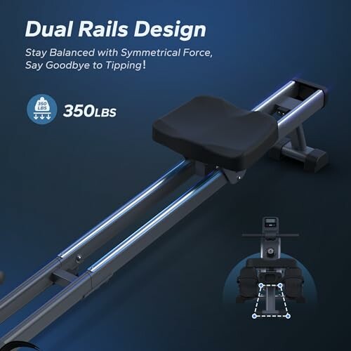 Rowing machine with dual rails design and 350 lbs weight capacity.