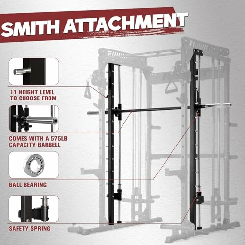 Smith attachment for gym equipment with features highlighted.