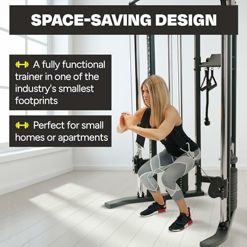 Woman using a compact home gym machine, emphasizing space-saving design.