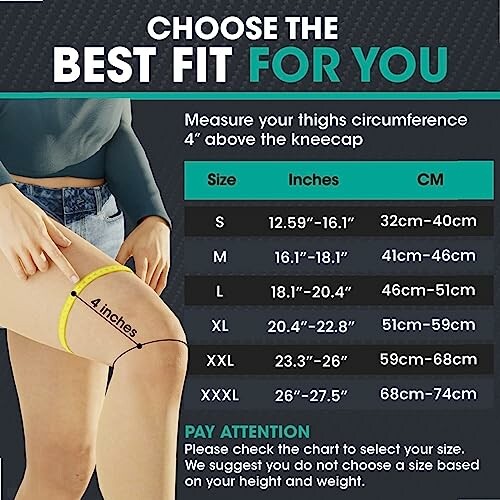 Thigh measurement guide for choosing the best fit, showing size chart in inches and centimeters.