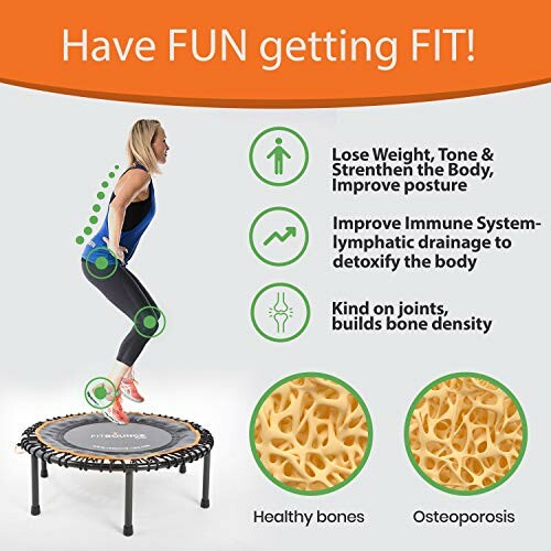 Woman exercising on trampoline with health benefits listed.